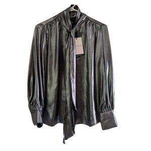 Who What Wear Women's Blouse Metallic Gunmetal Silver, Size Small, Tie NWT